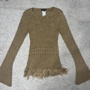Vintage Keyhole Gold Metallic Fringe Bell Sleeve Knit Y2K Sz L Sweater Festival